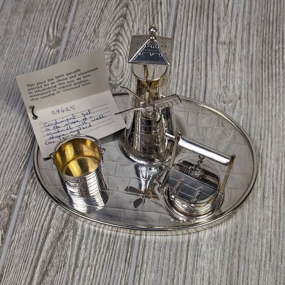 Victorian Silver Plated Novelty Cruet Set with Engraved Windmill Style Pepper Po - Picture 3 of 15